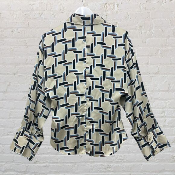 Zara Satin Retro Shirt Geo Chain Cream Blue Button Up Silky Collared Size S - Picture 3 of 16
